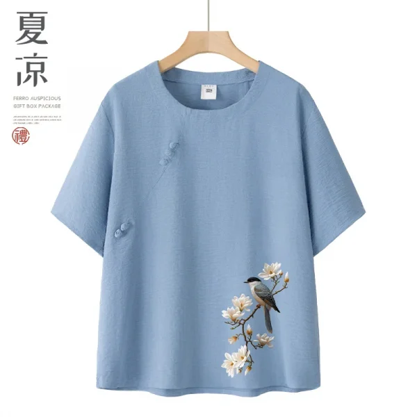 طقم حريمي صيفي بأكمام قصيرة من القطن والحرير على طراز الجدة ملابس نسائية غير رسمية ملابس منزلية قميص أمي ملابس خارجية زر طباعة الأزهار...