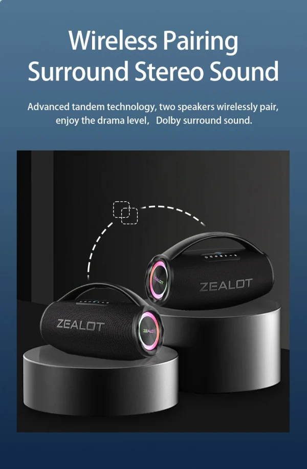 ZEALOT S97 80W مكبر صوت لاسلكي، مكبر صوت محمول خارجي، جودة صوت Hifi، اقتران مزدوج، شحن سريع، 16000 مللي أمبير.