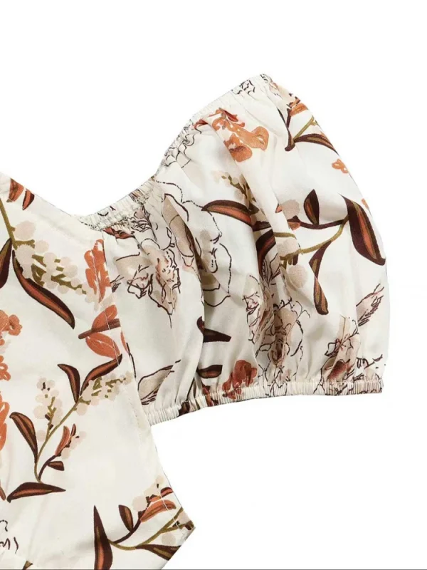 فستان نسائي طويل مقاس كبير مزين بالزهور، مرن بخصر عالٍ، فضفاض، رقبة مربعة، وأكمام منتفخة، فستان غير رسمي مناسب لجميع المواسم