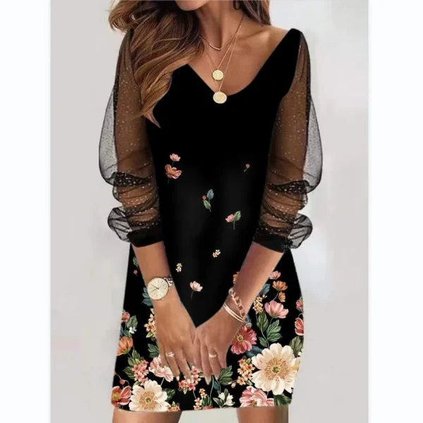 فستان نسائي من الشاش بتصميم ربيعي جديد موديل 2024 برقبة دائرية مزين بالترتر ومنظور