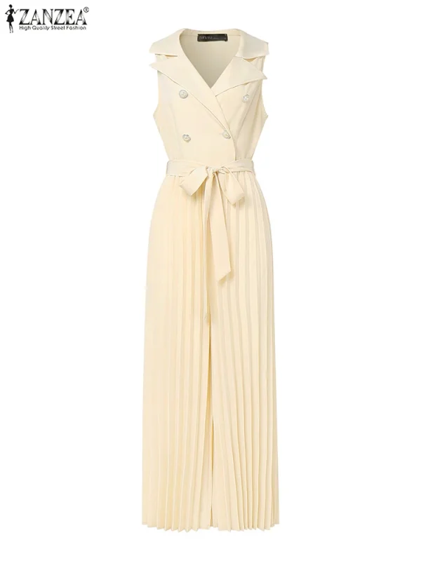 موضة النساء حللا 2026 ZANZEA ثوب فضفاض صيفي أنيق واسع الساق العمل OL وزرة الخامس الرقبة بلا أكمام مطوي Playsuit بنطلون