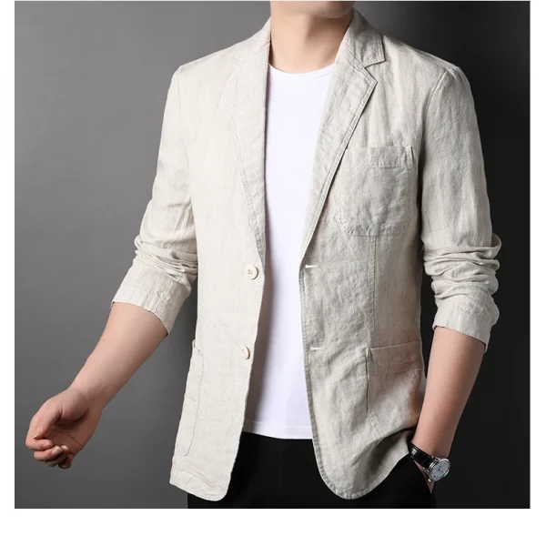 ربيع صيف 2025 بدلة رجالية جديدة عالية الجودة من الكتان الرجالي الأنيق قميص رقيق تركيب قماش معطف رجالي 100٪ كتان بليزر