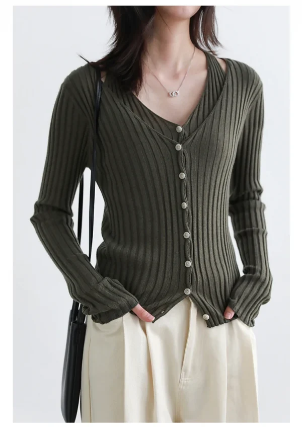 شيك فين سترة نسائية عصرية ريترو جديدة بياقة على شكل حرف v سترة محبوكة مخططة بقصة ضيقة وأكمام طويلة سترة نسائية لربيع وخريف 2025