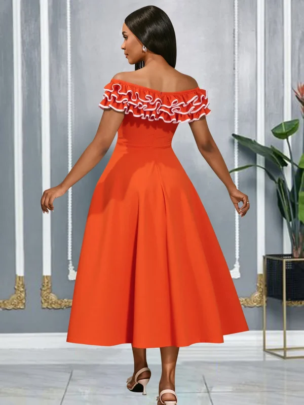 فستان عصري مكشكش مكشوف الأكتاف مع خصر مشدود، مقاس نحيف، فستان سهرة أنيق