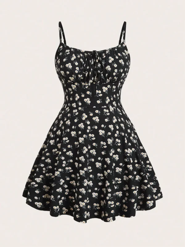 فستان قصير أنيق بدون أكمام بحزام رفيع من الزهور