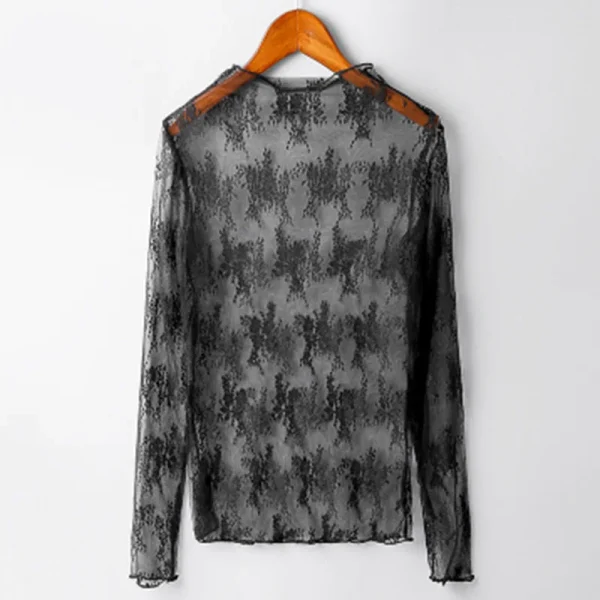 قميص داخلي من الدانتيل برقبة عالية لخريف وشتاء جديد للسيدات، قميص شبكي خشبي راقي وأنيق