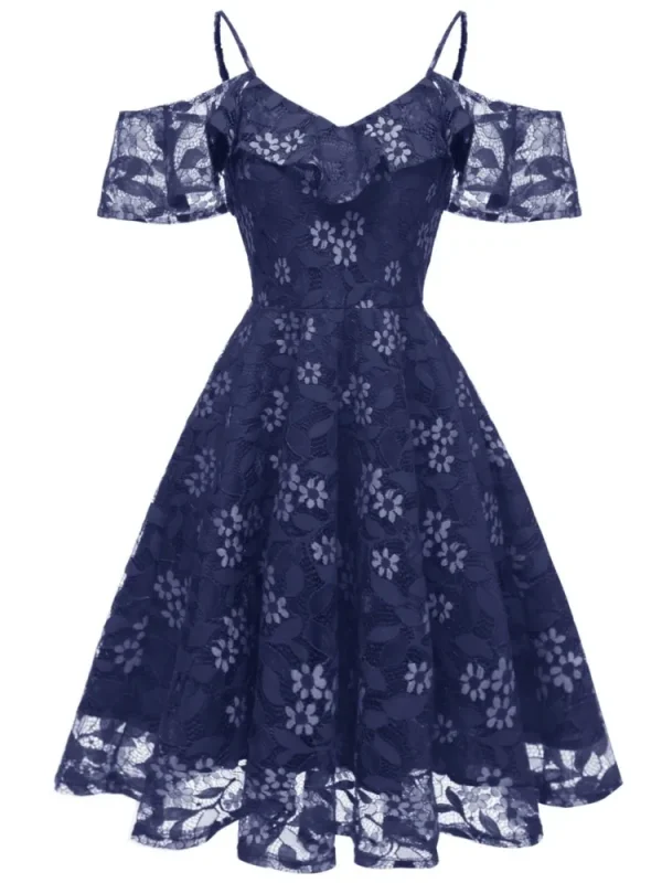 فستان نسائي صيفي أنيق بكشكش من الدانتيل المزهر باللون الواحد، كتف مكشوف، للأجازات، بأكمام كشكش، فساتين سهرة وحفلات