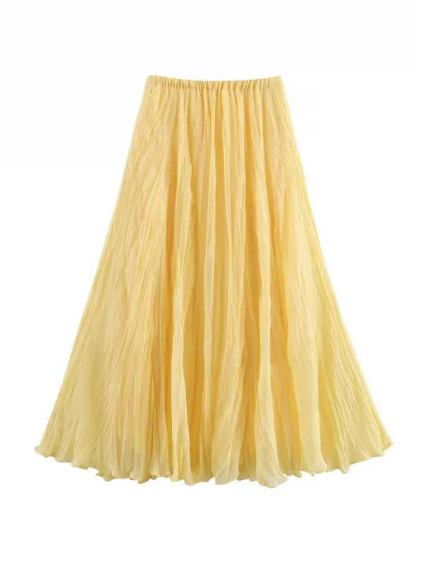 تنورة YENKYE للسيدات مجعدة على شكل حرف a ميدي باللون الأصفر والزبدة بخصر مطاطي تنانير أنيقة لعطلات الربيع والصيف جديدة 2025 faldas mujer