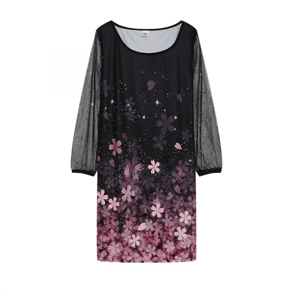 فستان نسائي من الشاش بتصميم ربيعي جديد موديل 2024 برقبة دائرية مزين بالترتر ومنظور