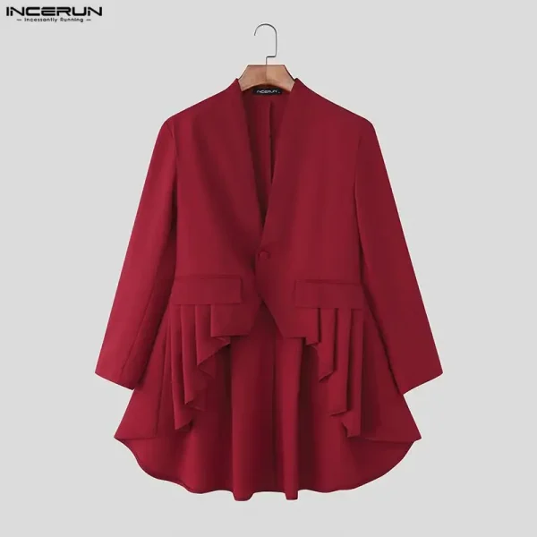 INCERUN Men Irregular Blazer V Neck Long Sleeve Ruffle One Button Male Suit Streetwear Pleated Fashion Casual Thin Coats Blazer