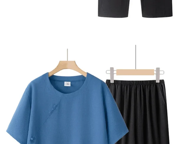 طقم حريمي صيفي بأكمام قصيرة من القطن والحرير على طراز الجدة ملابس نسائية غير رسمية ملابس منزلية قميص أمي ملابس خارجية زر طباعة الأزهار...