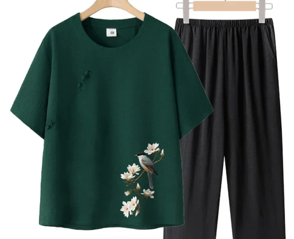 طقم حريمي صيفي بأكمام قصيرة من القطن والحرير على طراز الجدة ملابس نسائية غير رسمية ملابس منزلية قميص أمي ملابس خارجية زر طباعة الأزهار...