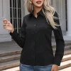 قمصان نسائية ربيعية خريفية بلون صلب بأكمام طويلة وياقة قابلة للطي قميص أساسي للنساء بلوزات شارع أنيقة