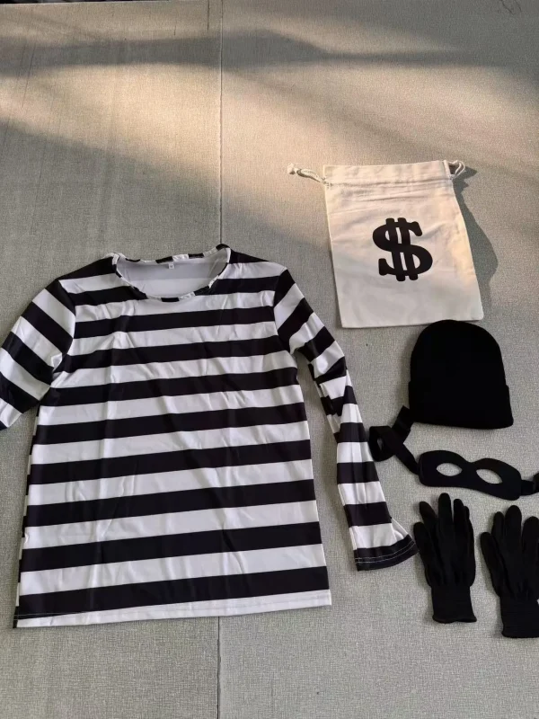 زي تنكري للبالغين لصائدي اللصوص لعيد الهالوين قميص مخطط بأكمام طويلة حقيبة قماشية قفازات قناع للعين قبعة محبوكة للحفلة