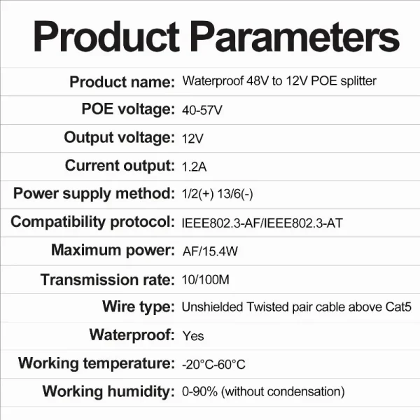 Waterproof POE Splitter IP67 48V to 12V IEEE 802.3af/at Adapter for Outdoor IP Camera CCTV Security System