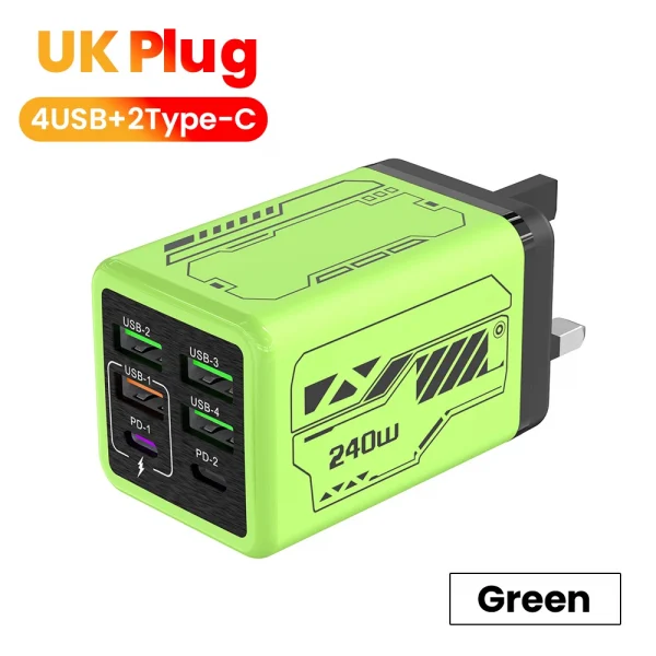 240 واط 6 منافذ 4USB + 2 نوع C شحن سريع للغاية شاحن الهاتف المحمول USB3.0 PD3.0 الاتحاد الأوروبي/المملكة المتحدة/الولايات المتحدة شاحن آيفون 17 16 سامسونج POCO