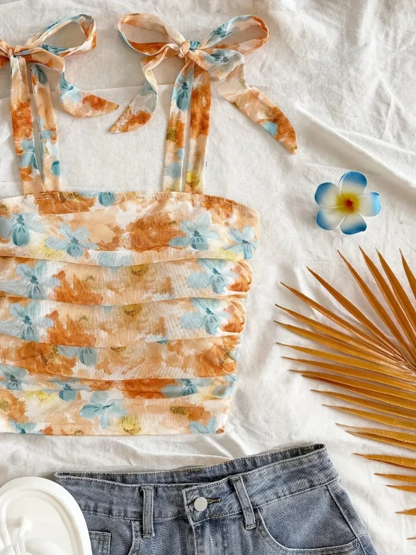 Solid Tie Shoulder Ruched Wide Strap Slim Fit Crop Top for Women Summer 2025 Y2K Clothes Pink Backless Cami Top Streetwear