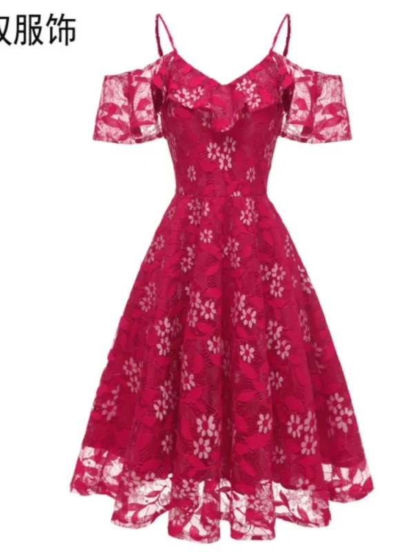 فستان نسائي صيفي أنيق بكشكش من الدانتيل المزهر باللون الواحد، كتف مكشوف، للأجازات، بأكمام كشكش، فساتين سهرة وحفلات