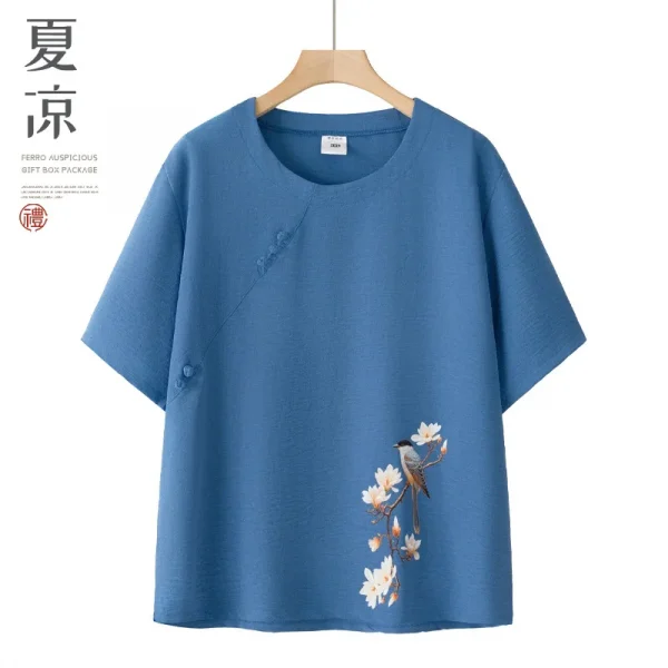 طقم حريمي صيفي بأكمام قصيرة من القطن والحرير على طراز الجدة ملابس نسائية غير رسمية ملابس منزلية قميص أمي ملابس خارجية زر طباعة الأزهار...