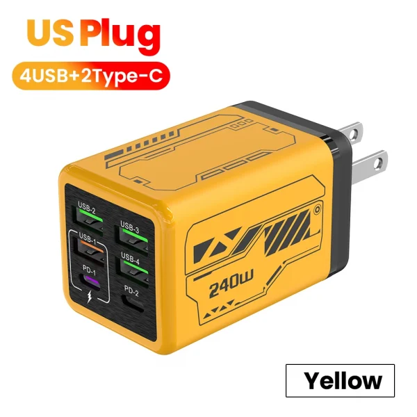 240 واط 6 منافذ 4USB + 2 نوع C شحن سريع للغاية شاحن الهاتف المحمول USB3.0 PD3.0 الاتحاد الأوروبي/المملكة المتحدة/الولايات المتحدة شاحن آيفون 17 16 سامسونج POCO