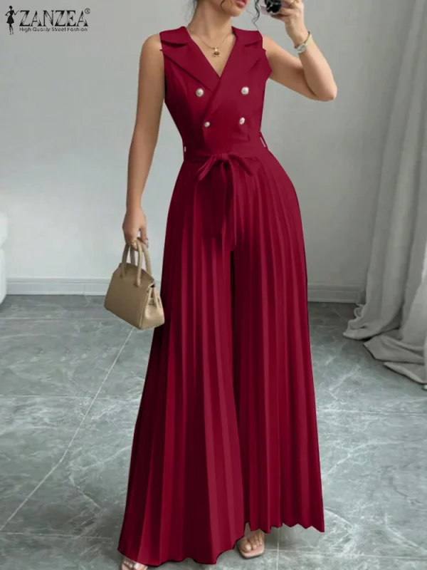 موضة النساء حللا 2026 ZANZEA ثوب فضفاض صيفي أنيق واسع الساق العمل OL وزرة الخامس الرقبة بلا أكمام مطوي Playsuit بنطلون