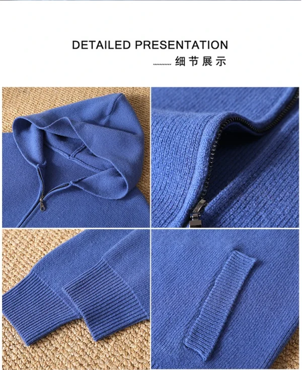 سترة رجالية جديدة بـ 5 ألوان 100% سترة صوف ميرينو، الخريف والشتاء محبوك سترة رجال الأعمال غير الرسمية بأكمام طويلة بقلنسوة