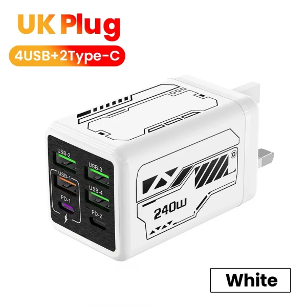 240 واط 6 منافذ 4USB + 2 نوع C شحن سريع للغاية شاحن الهاتف المحمول USB3.0 PD3.0 الاتحاد الأوروبي/المملكة المتحدة/الولايات المتحدة شاحن آيفون 17 16 سامسونج POCO