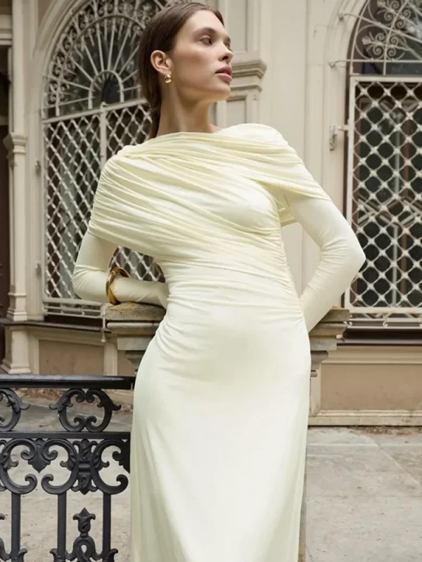 فستان طويل مثير مكشكش بأكمام طويلة للنساء لخريف وشتاء جديد غير منتظم بياقة دائرية وخصر عالٍ فستان حفلات للنوادي للسيدات