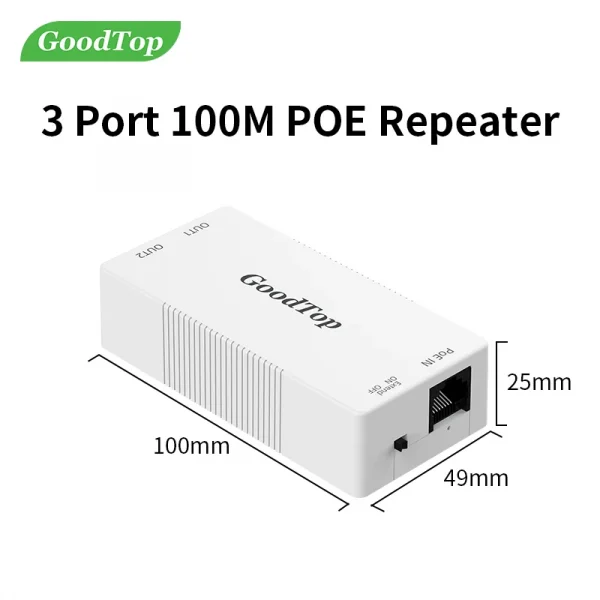 GoodTop 2 Port 100M POE Extender 1 to 2 PoE Repeater IEEE802.3af/at 4KV Lighting Protection Plug&Play 48V 30W for POE Camera