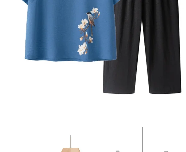 طقم حريمي صيفي بأكمام قصيرة من القطن والحرير على طراز الجدة ملابس نسائية غير رسمية ملابس منزلية قميص أمي ملابس خارجية زر طباعة الأزهار...