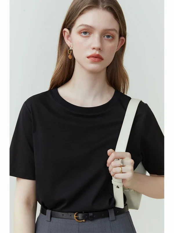 FSLE 100% قطن قصير الأكمام تي شيرت المرأة لربيع وصيف 2023 جديد رقبة مستديرة مستقيم أبيض أسود للنساء