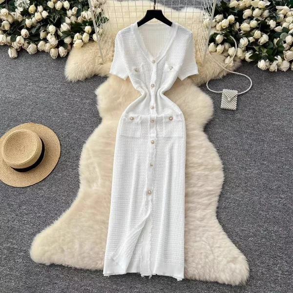 فستان نسائي أنيق مخطط برقبة على شكل حرف V صيفي بأكمام قصيرة ومتماسك بشرابة فساتين ضيقة للنساء