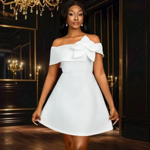 أزياء نسائية أمريكية أوروبية فستان أبيض بلون صلب برقبة مائلة على شكل حرف A بطول الركبة أنيق كاجوال عصري ملابس نسائية