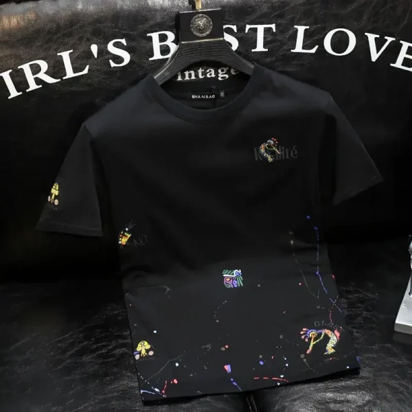 العصرية العلامة التجارية سبلاش الحبر التطريز المطبوعة قصيرة الأكمام تي شيرت 2024 الصيف نمط جديد ضوء الفاخرة الرجال قميص