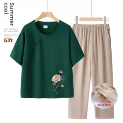 عادية الأزهار طباعة قصيرة الأكمام رقيقة أمي مجموعة الصيف فضفاض تي شيرت الجدة الملابس قطعتين دعوى البوليستر دنة مزيج