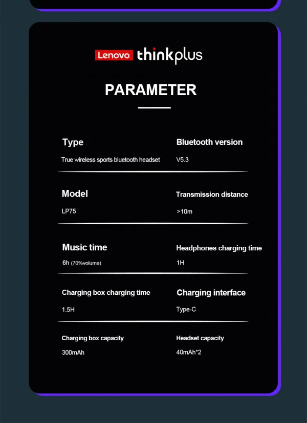سماعات لينوفو LP75 الرياضية اللاسلكية مع ميكروفون، زر التحكم، شاشة عرض الطاقة LED، سماعات هاي فاي ستيريو بلوتوث 5.3 TWS