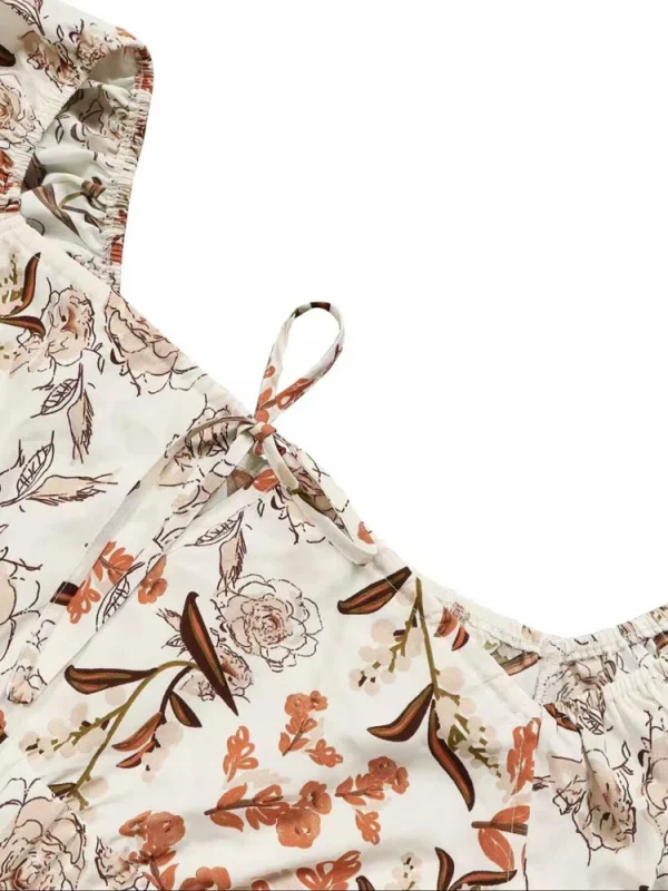 فستان نسائي طويل مقاس كبير مزين بالزهور، مرن بخصر عالٍ، فضفاض، رقبة مربعة، وأكمام منتفخة، فستان غير رسمي مناسب لجميع المواسم