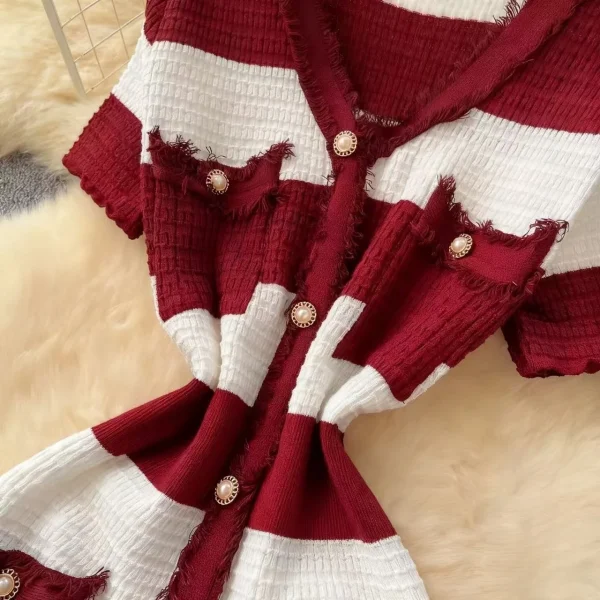 فستان نسائي أنيق مخطط برقبة على شكل حرف V صيفي بأكمام قصيرة ومتماسك بشرابة فساتين ضيقة للنساء