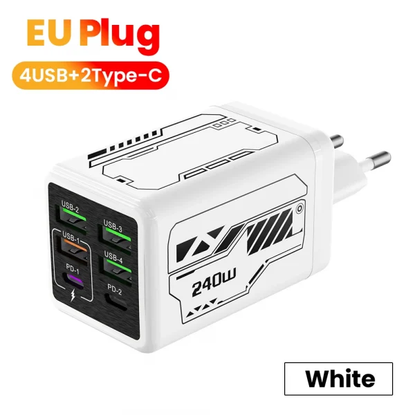 240 واط 6 منافذ 4USB + 2 نوع C شحن سريع للغاية شاحن الهاتف المحمول USB3.0 PD3.0 الاتحاد الأوروبي/المملكة المتحدة/الولايات المتحدة شاحن آيفون 17 16 سامسونج POCO