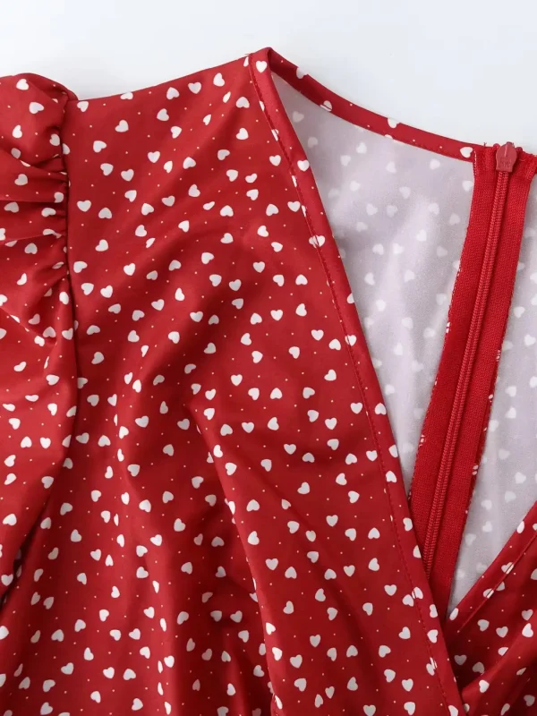 فستان ميدي ربيع وصيف للنساء باللون بورجوندي بنقاط البولكا، بأكمام ثلاثة أرباع، وياقة على شكل V، بقصة A، أنيق وكاجوال، فستان يومي وحفلات