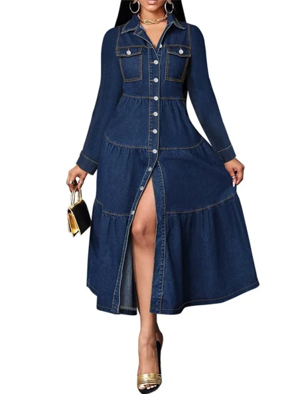 Wmstar فستان الدنيم المرأة عادية زر سترة طويلة الأكمام فساتين موضة ملابس الشارع الشهير ملابس الربيع الجديدة بالجملة دروبشيبينغ