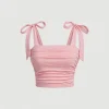 Solid Tie Shoulder Ruched Wide Strap Slim Fit Crop Top for Women Summer 2025 Y2K Clothes Pink Backless Cami Top Streetwear