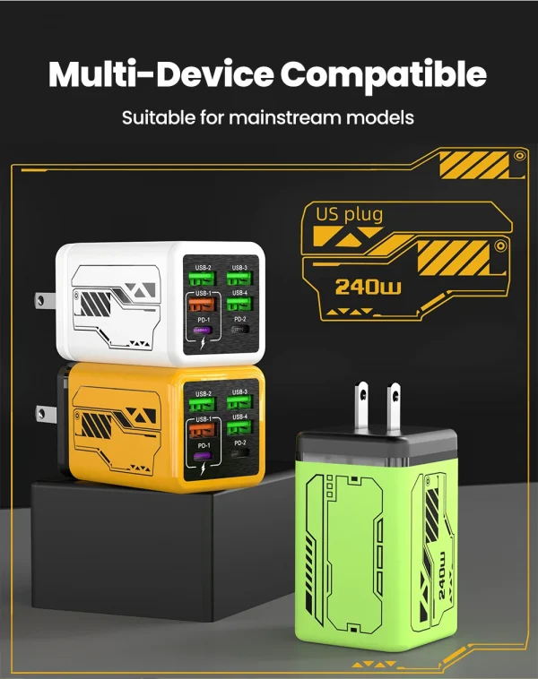 240 واط 6 منافذ 4USB + 2 نوع C شحن سريع للغاية شاحن الهاتف المحمول USB3.0 PD3.0 الاتحاد الأوروبي/المملكة المتحدة/الولايات المتحدة شاحن آيفون 17 16 سامسونج POCO