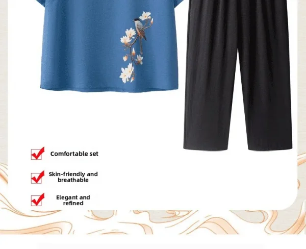 طقم حريمي صيفي بأكمام قصيرة من القطن والحرير على طراز الجدة ملابس نسائية غير رسمية ملابس منزلية قميص أمي ملابس خارجية زر طباعة الأزهار...