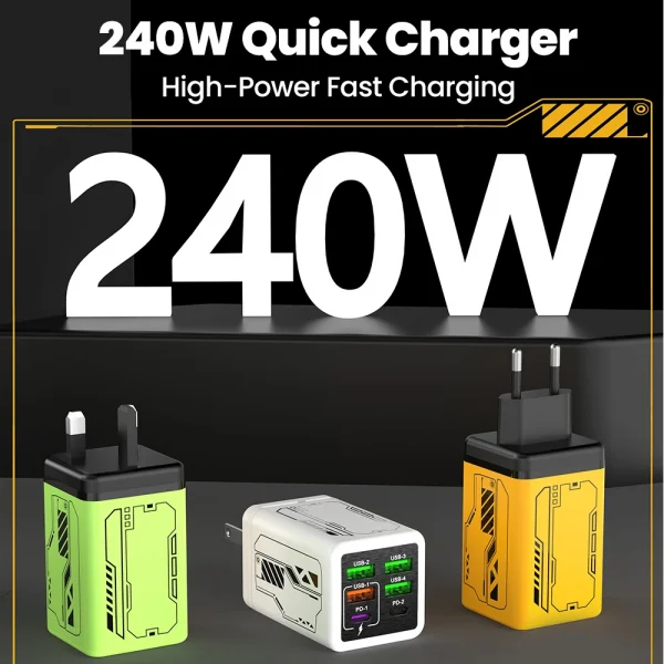 240 واط 6 منافذ 4USB + 2 نوع C شحن سريع للغاية شاحن الهاتف المحمول USB3.0 PD3.0 الاتحاد الأوروبي/المملكة المتحدة/الولايات المتحدة شاحن آيفون 17 16 سامسونج POCO