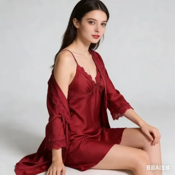 2 قطعة منامة الإناث مجموعة رقيقة السلس المنزل منامة الدانتيل رداء النوم دعوى الخامس الرقبة ملابس نوم الزفاف ملابس نوم ورداء