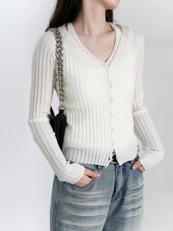 شيك فين سترة نسائية عصرية ريترو جديدة بياقة على شكل حرف v سترة محبوكة مخططة بقصة ضيقة وأكمام طويلة سترة نسائية لربيع وخريف 2025