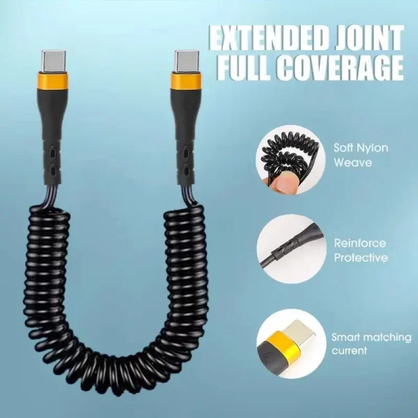 PD 120 واط نوع C إلى نوع C كابل 5A شحن سريع USB C الربيع شاحن سيارة كابل آيفون 15 سلسلة شاومي 12 سامسونج S23 ماك بوك