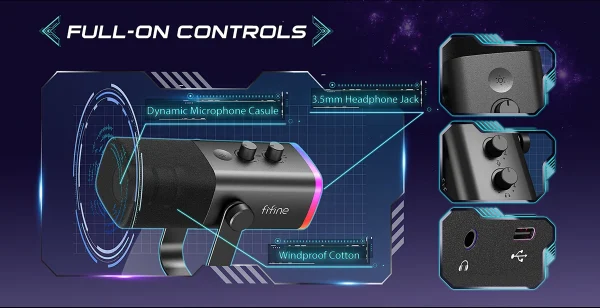 مجموعة بودكاست FIFINE الكل في واحد مع خلاط صوت RGB، مجموعة استوديو بث مع ميكروفون ديناميكي لتسجيل ألعاب الكمبيوتر - Ampligame KS5