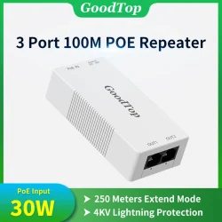 GoodTop 2 Port 100M POE Extender 1 to 2 PoE Repeater IEEE802.3af/at 4KV Lighting Protection Plug&Play 48V 30W for POE Camera